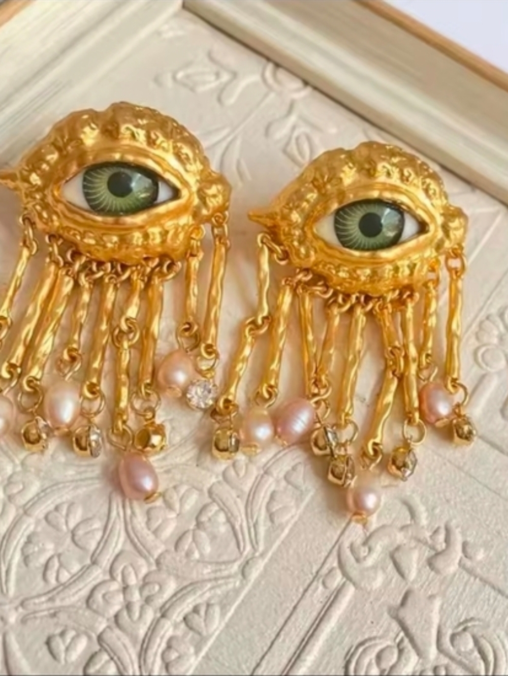 Gold Eye Drop Earrings with Green Iris and Pink Pearls - Picture 7 of 7